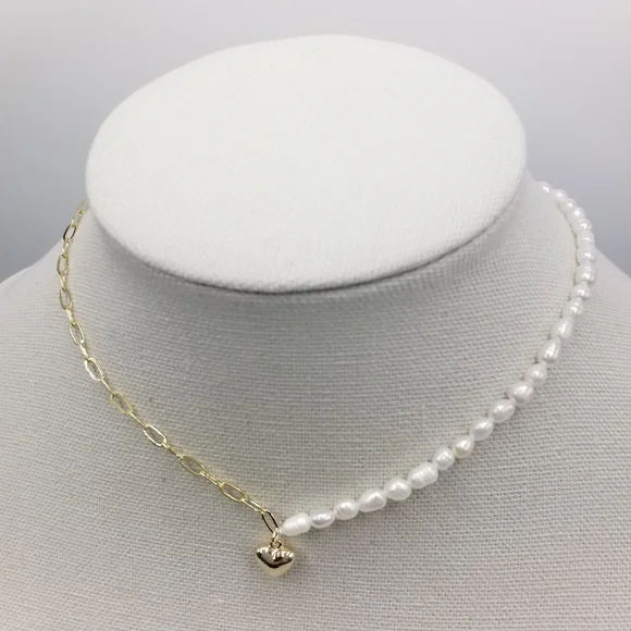 NEW 18K Gold Plated Real Baroque Pearl Chain Link Heart Pendant Choker Necklace - Picture 11 of 11